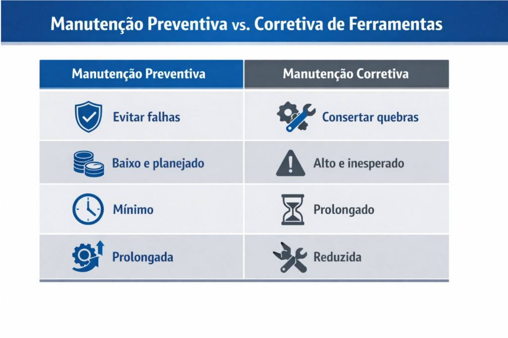 Uma tabela comparativa entre manutenção preventiva e corretiva.