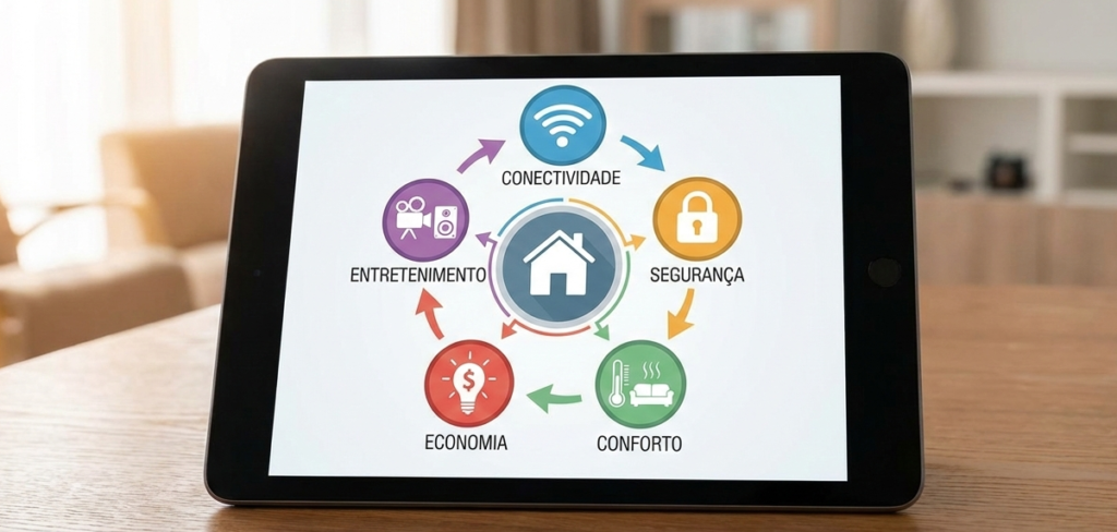 Infográfico com os 5 pilares da casa inteligente: conectividade, segurança, conforto, economia e entretenimento.