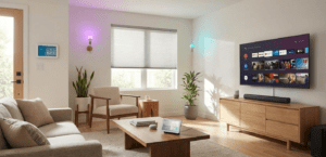 Sala de estar moderna com dispositivos de automação residencial integrados, incluindo smart speaker e painel de controle.